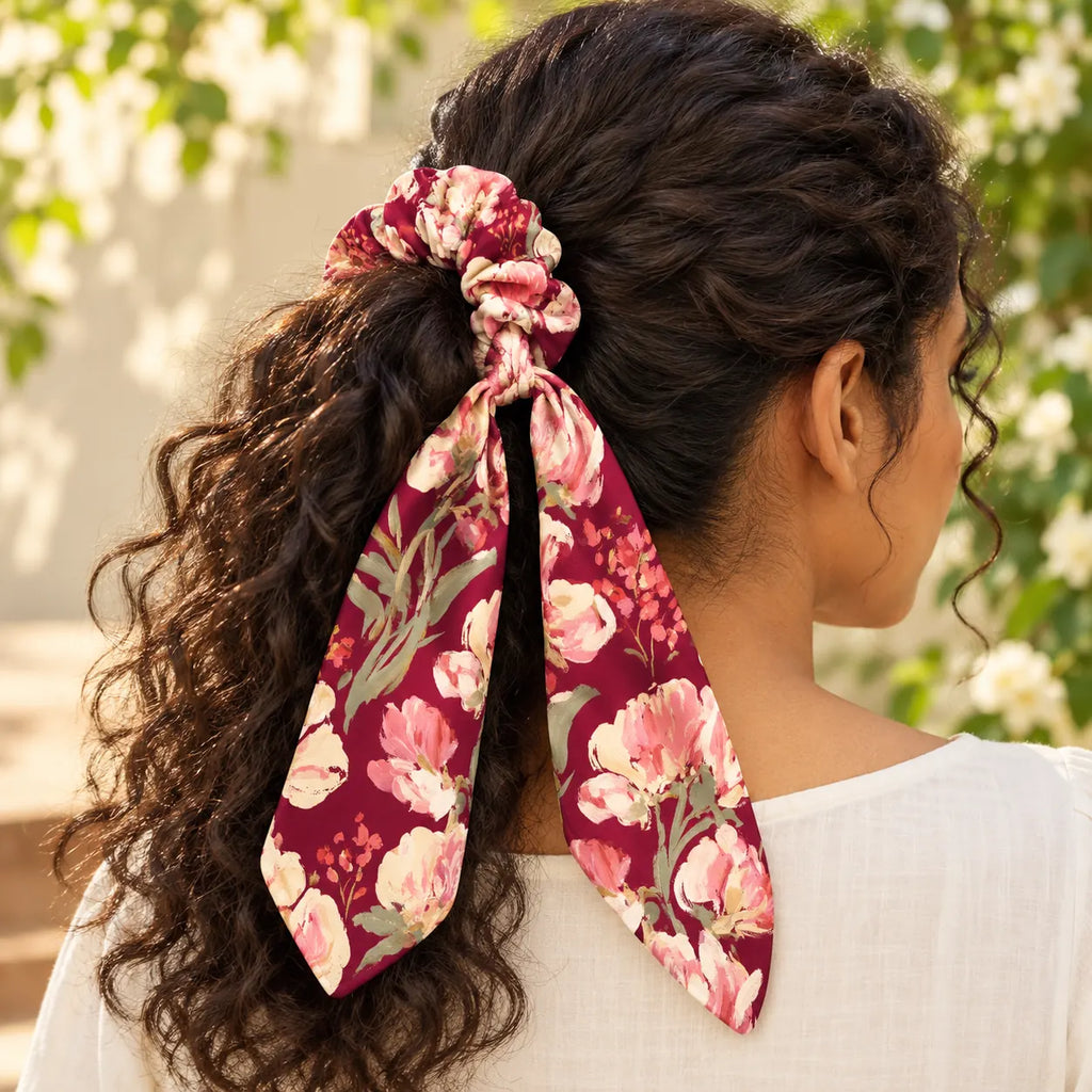 Rose Correspondence Bow-Tie Scrunchie — worn view