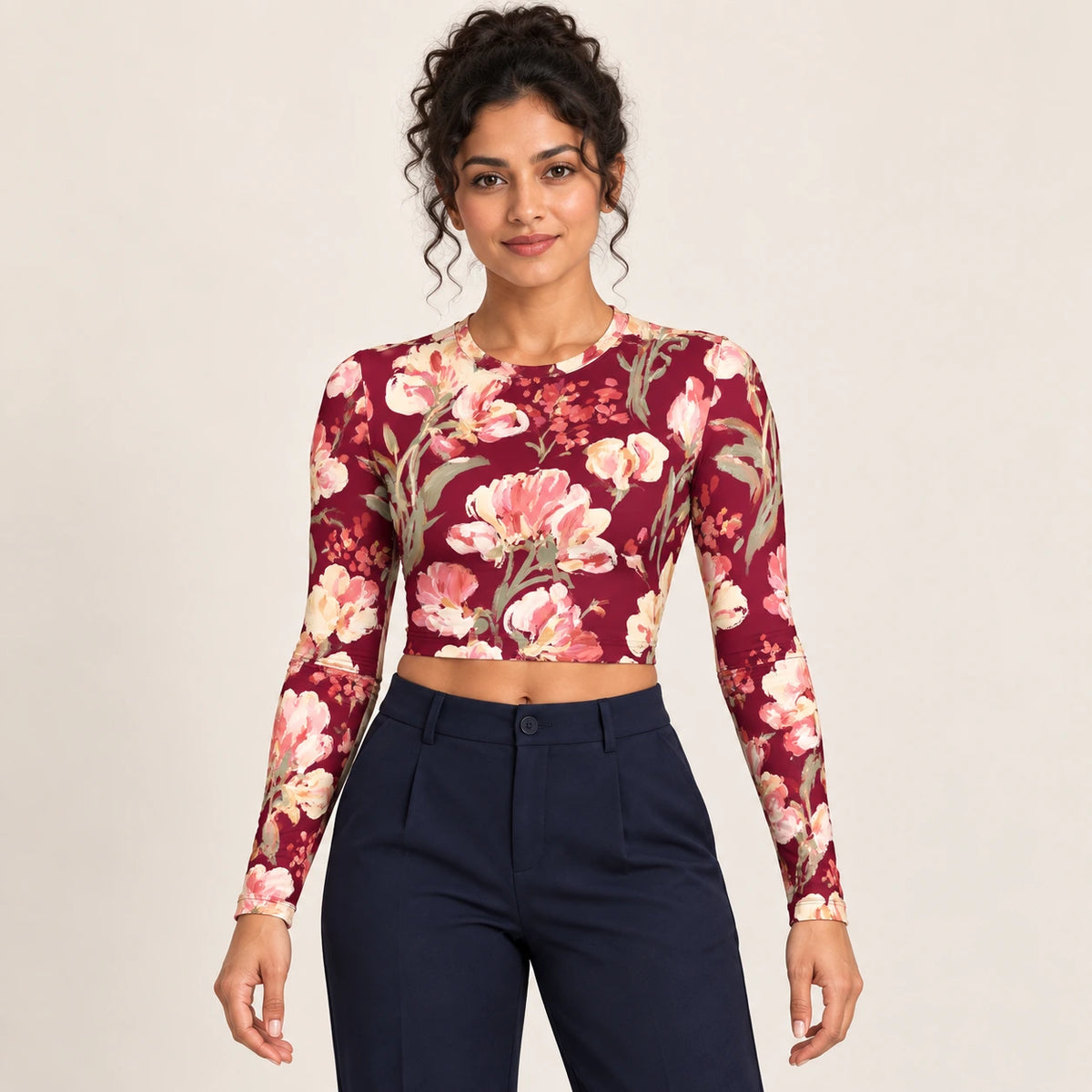 Rose Correspondence full sleeve crop top — female hero view
