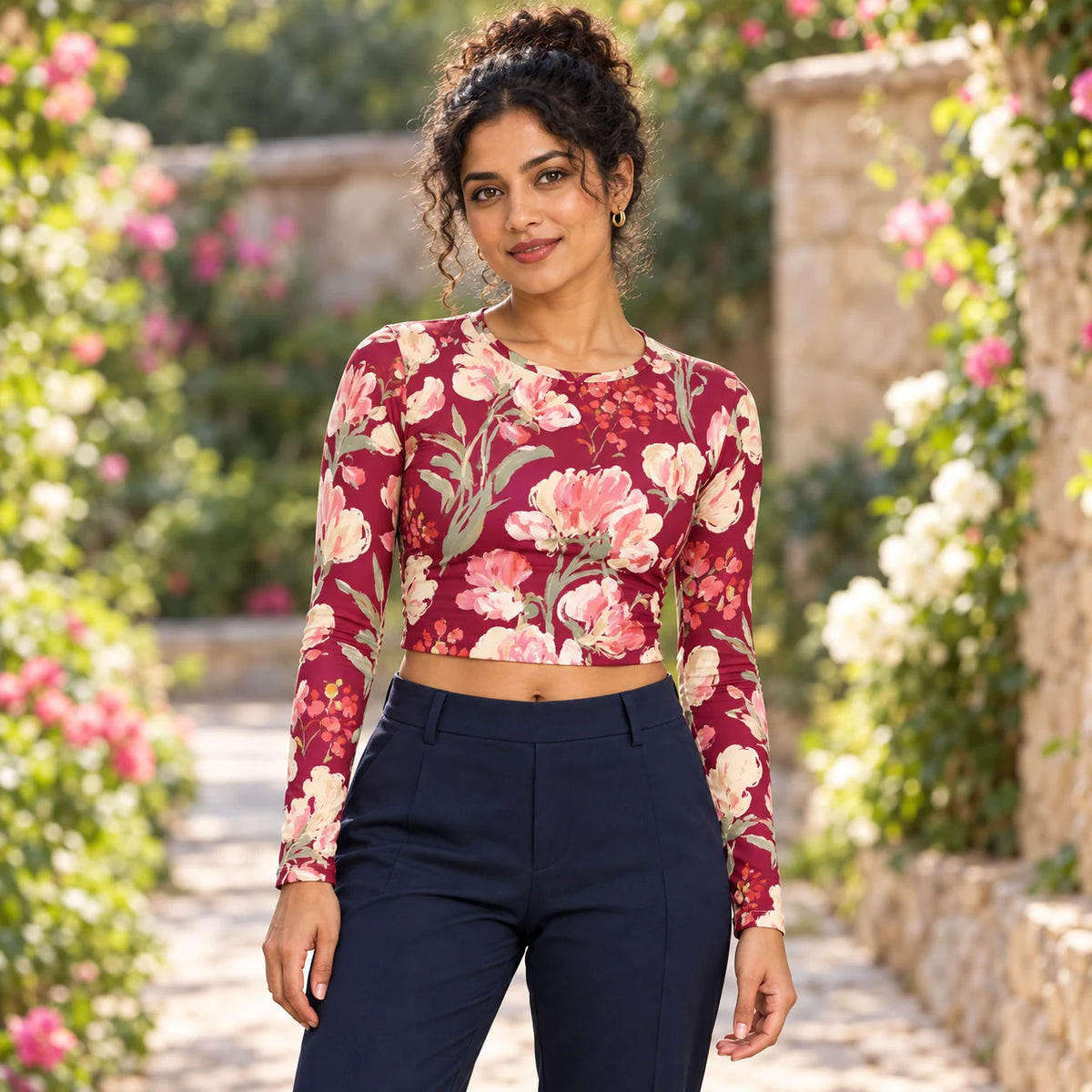 Rose Correspondence full sleeve crop top — female lifestyle view