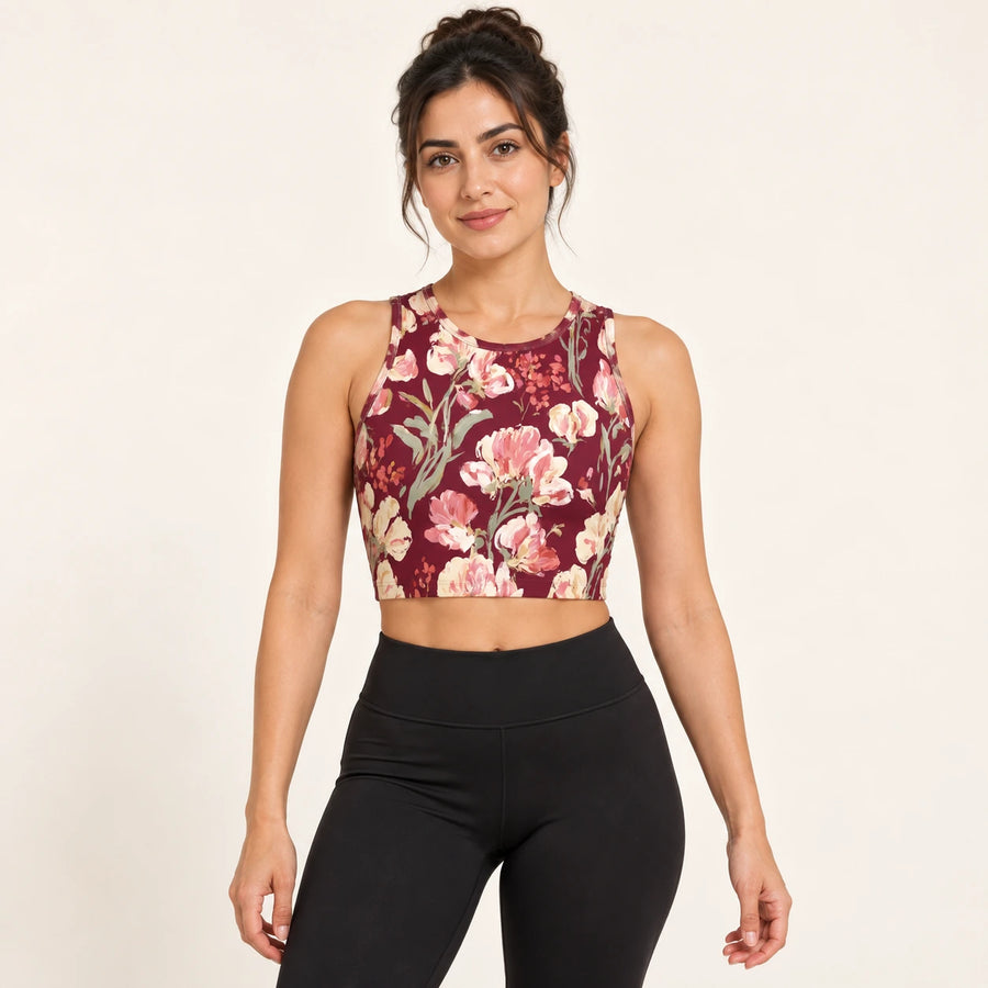 Rose Correspondence sports crop top — female hero view