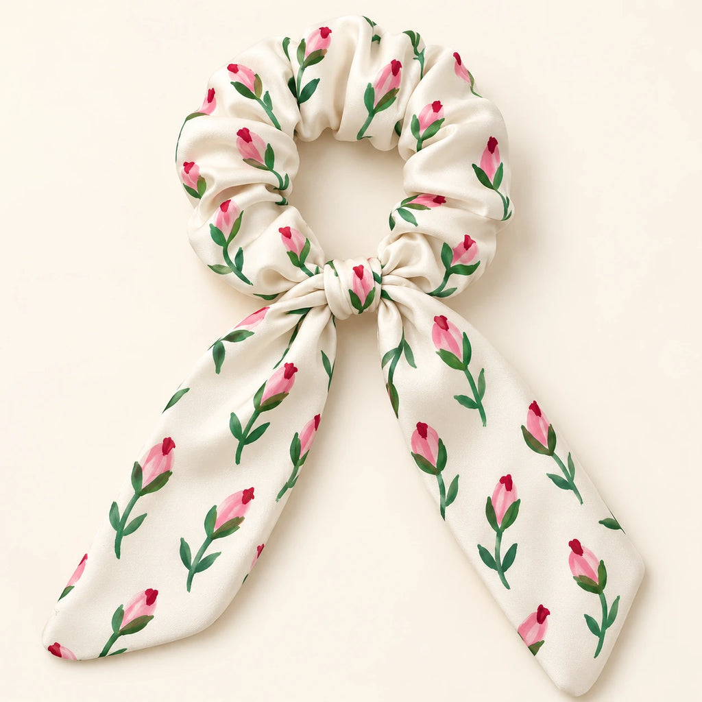 Rosebud Notes Bow-Tie Scrunchie — detail view