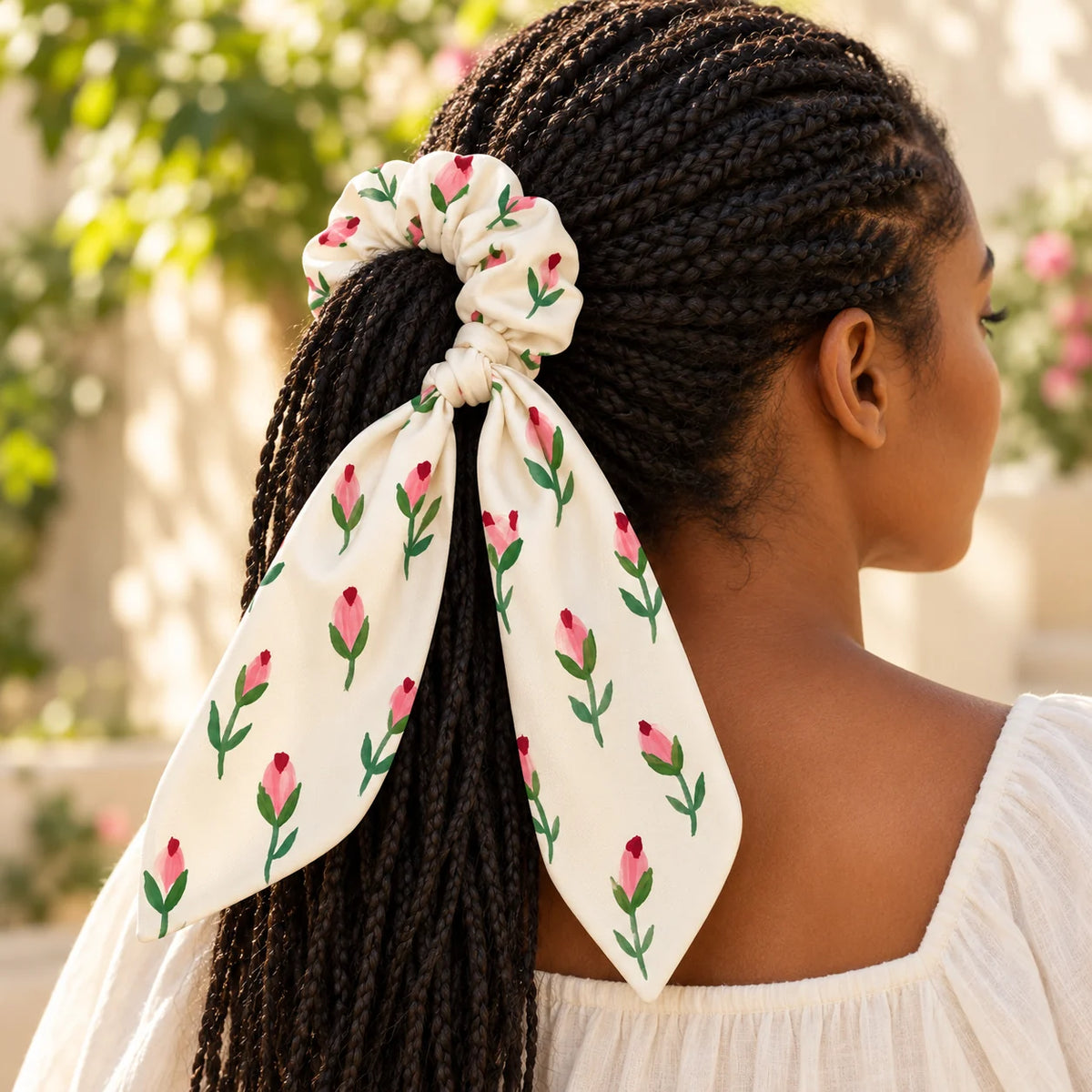 Rosebud Notes Bow-Tie Scrunchie — worn view