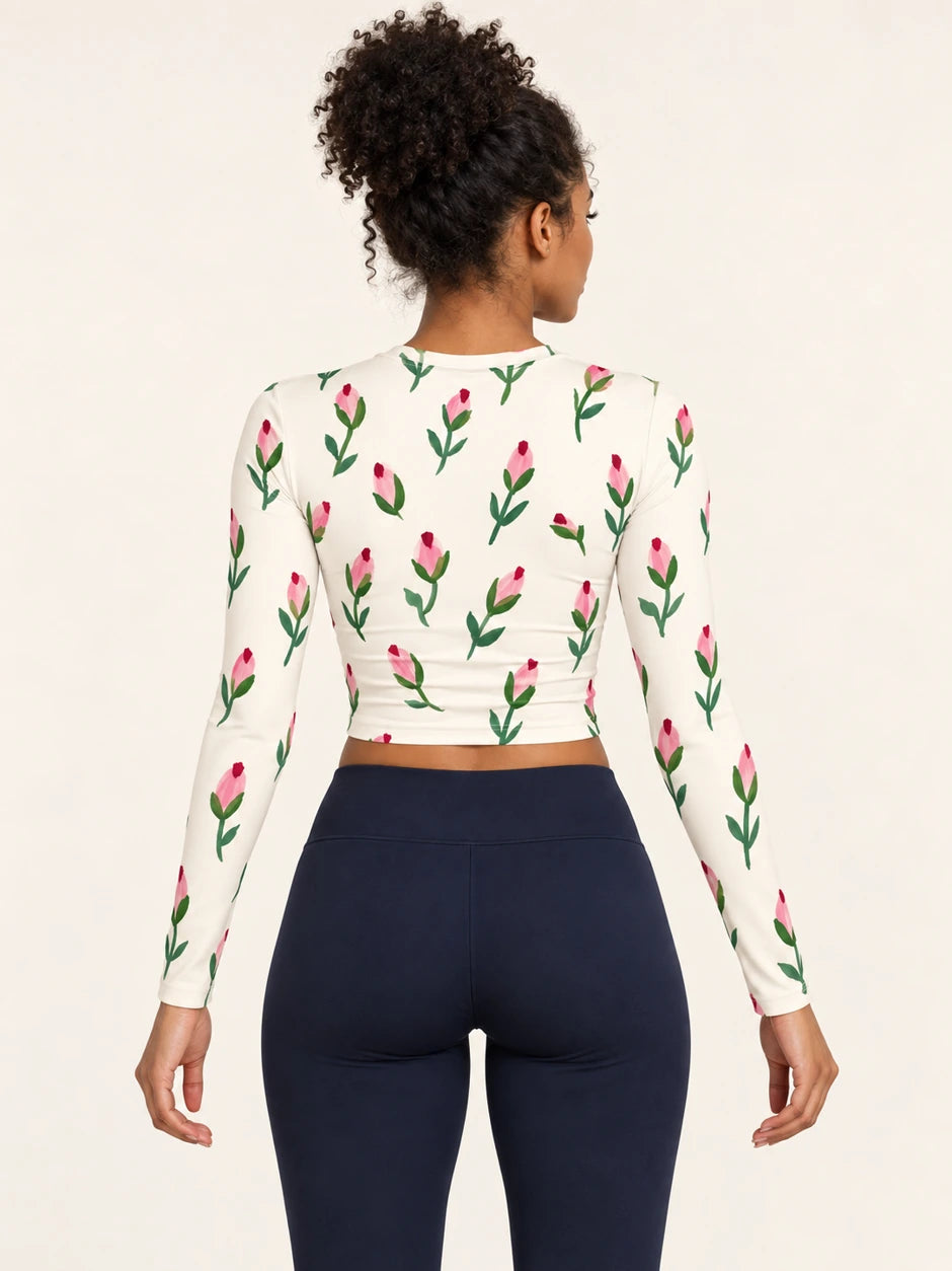 Rosebud Notes full sleeve crop top — female back view