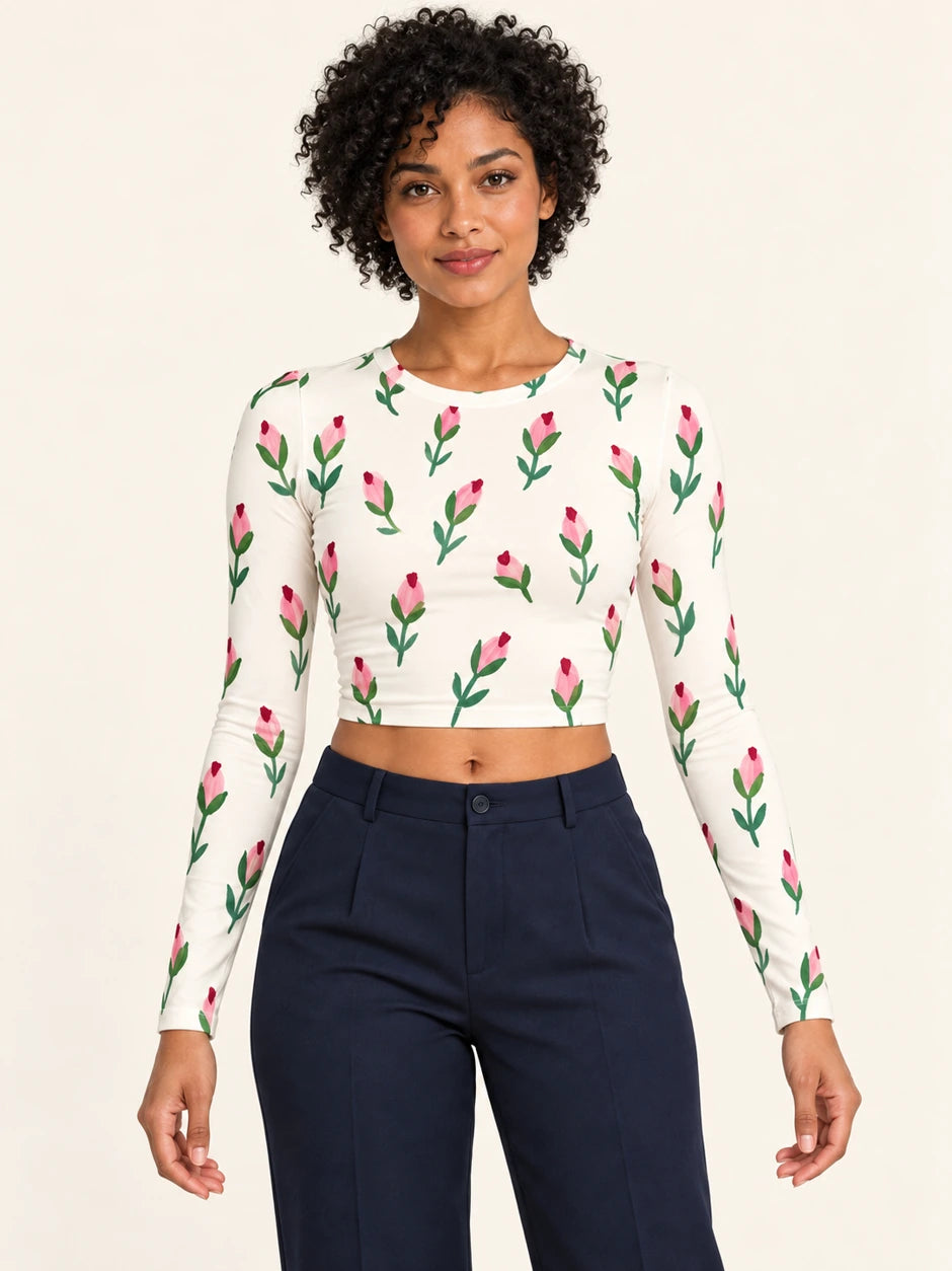 Rosebud Notes full sleeve crop top — female hero view