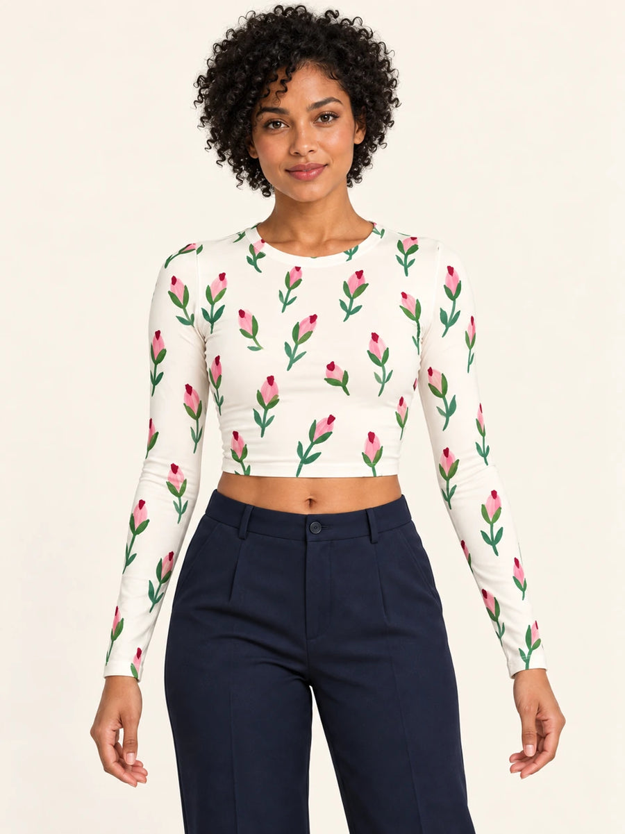 Rosebud Notes full sleeve crop top — female hero view