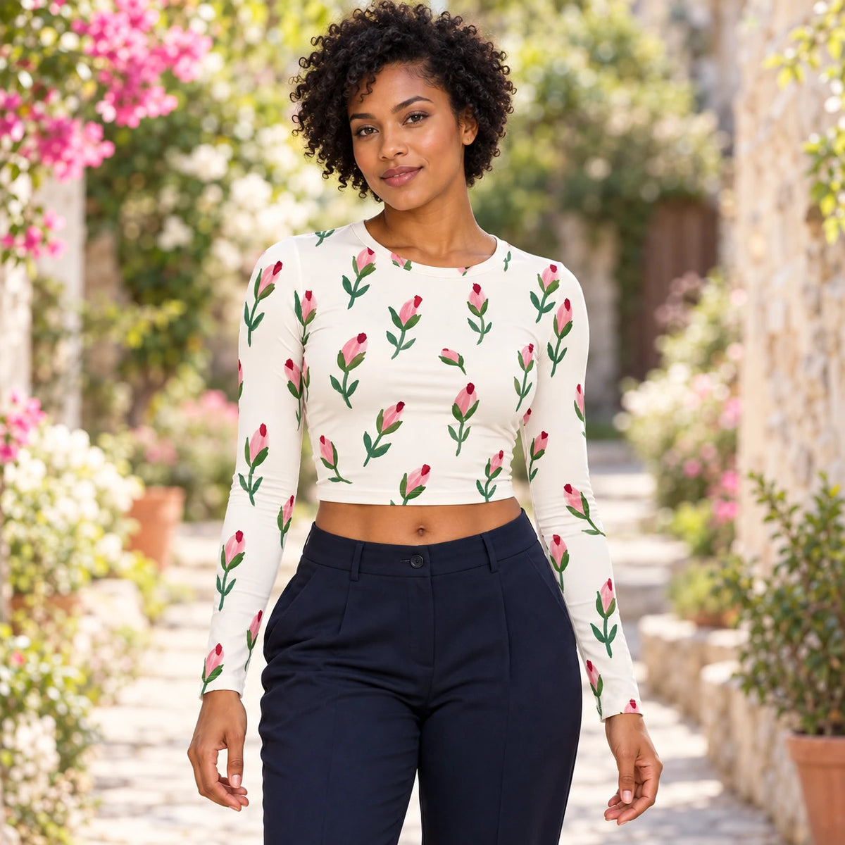 Rosebud Notes full sleeve crop top — female lifestyle view