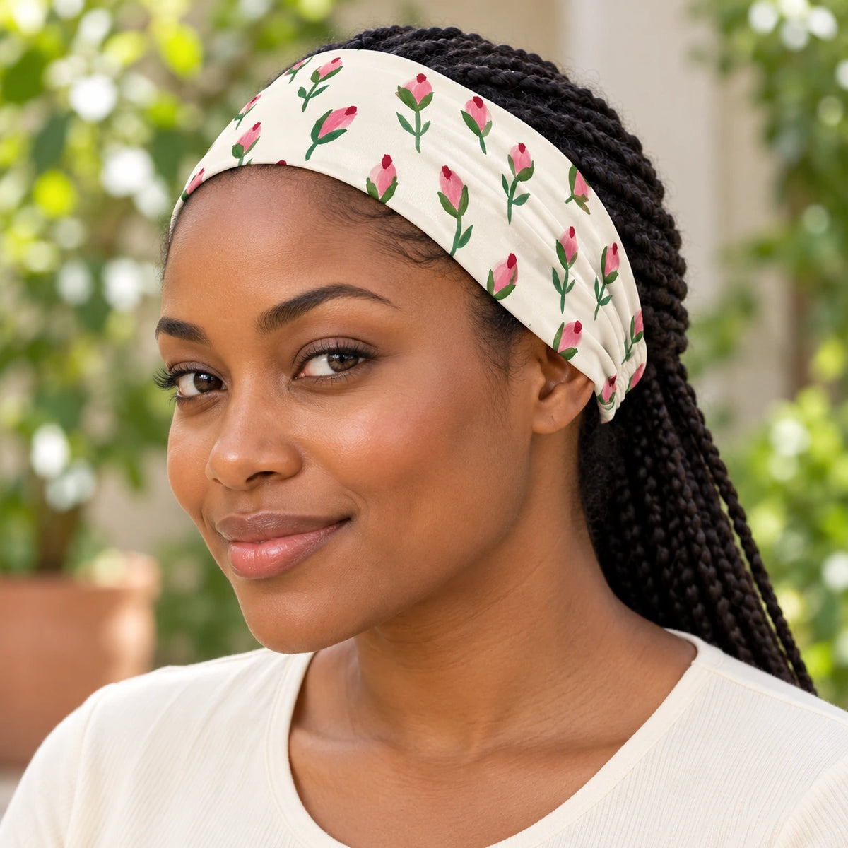 Rosebud Notes Headband — worn view