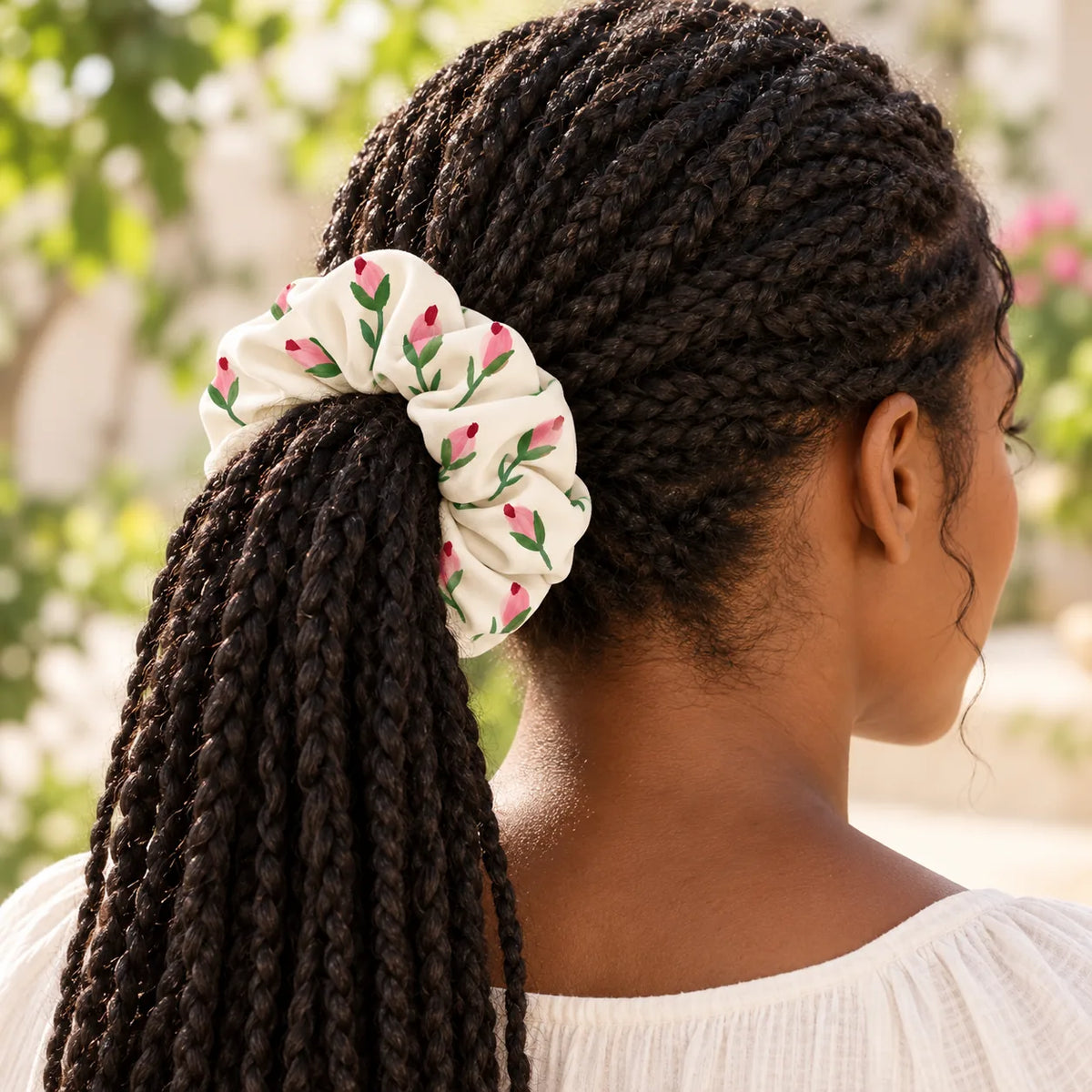 Rosebud Notes Scrunchie — worn view