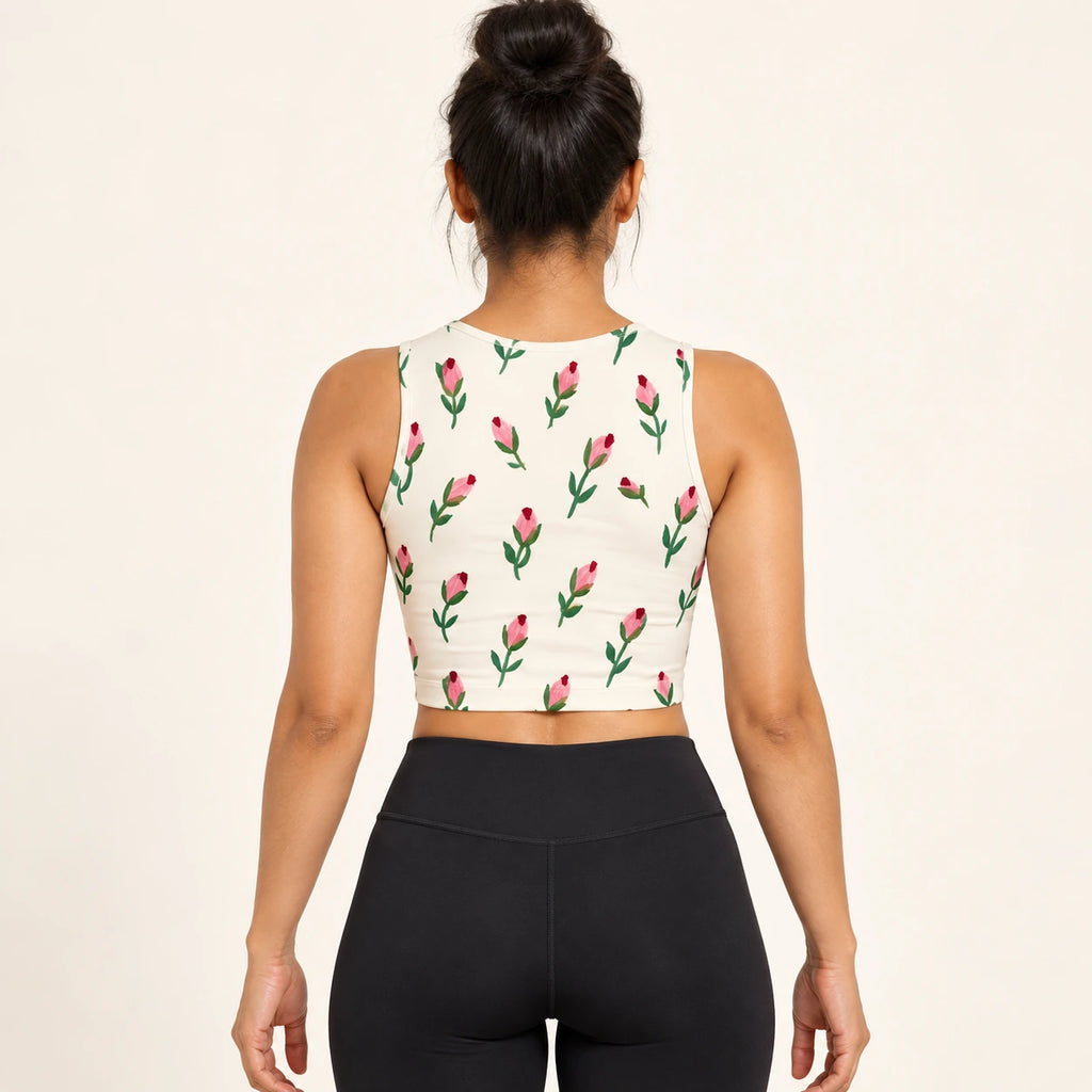 Rosebud Notes sports crop top — female back view