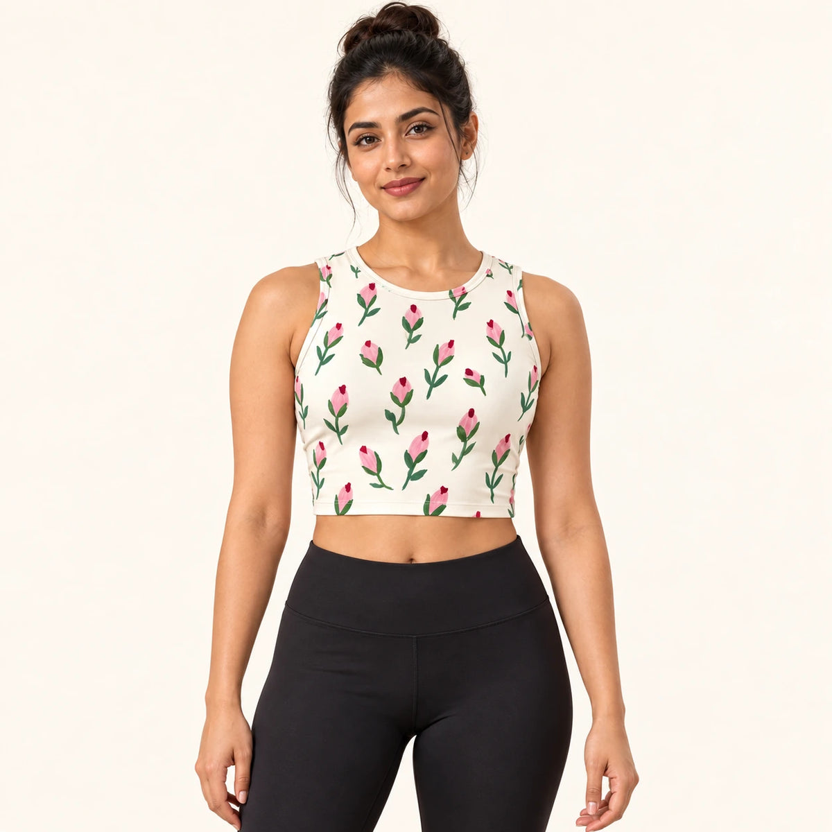 Rosebud Notes sports crop top — female hero view