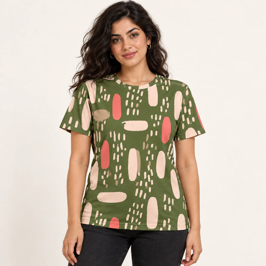 Sage Scribbles All-Over Print T-Shirt — female model, hero view