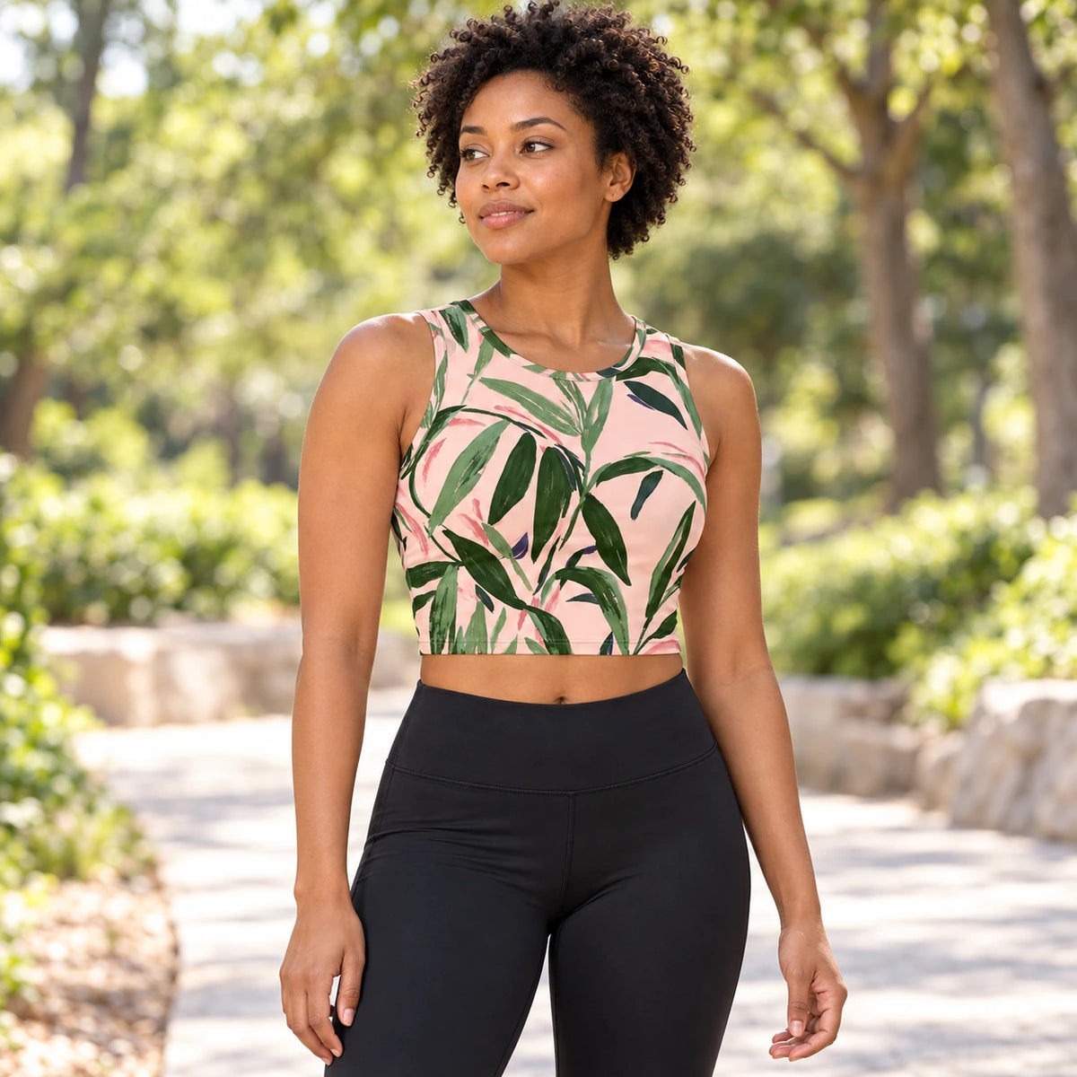 Sage Silhouette sports crop top — female lifestyle view
