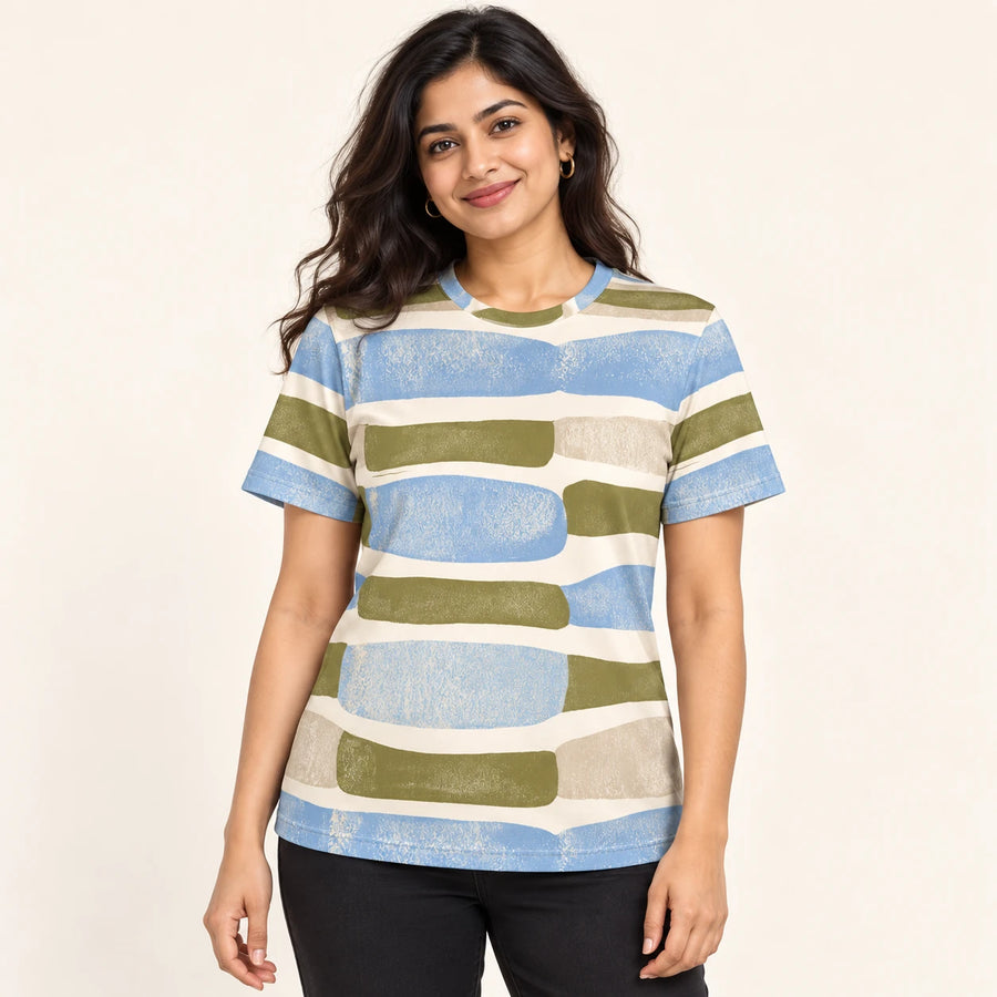 Skyline Drift All-Over Print T-Shirt — female model, hero view
