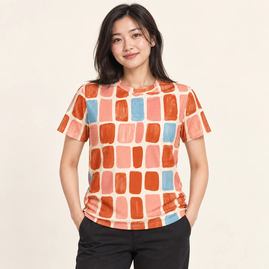 Sorbet Tiles All-Over Print T-Shirt — female model, hero view