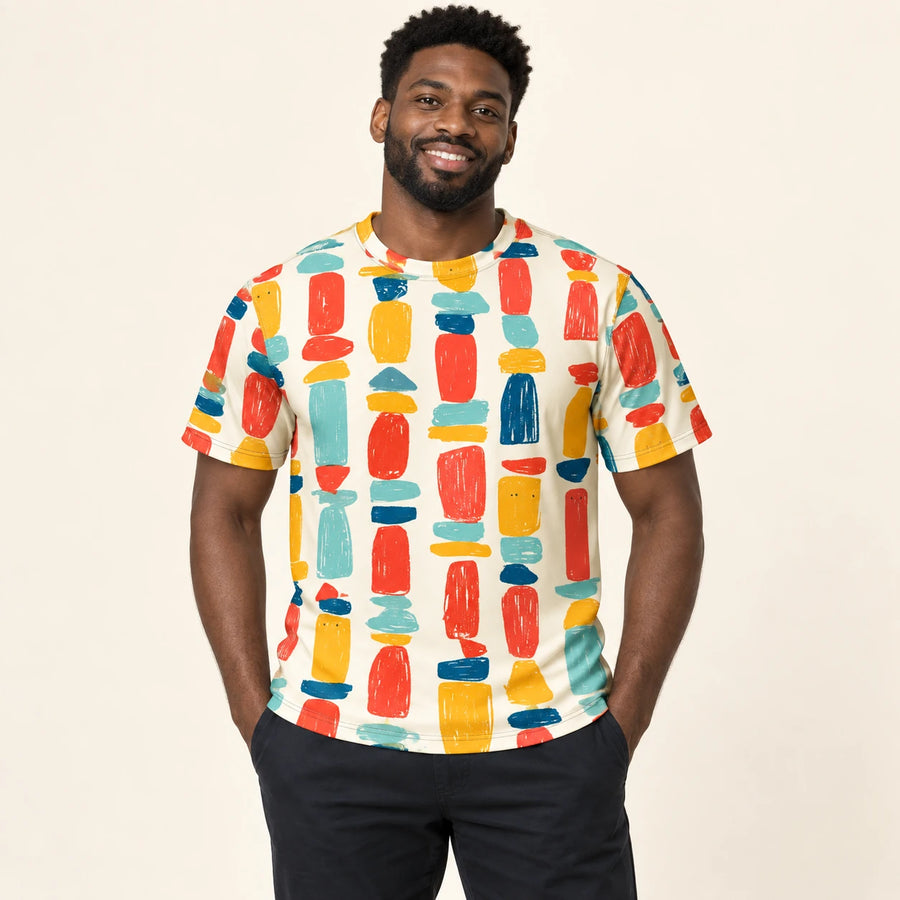 Stacked Joy All-Over Print T-Shirt — male model, hero view