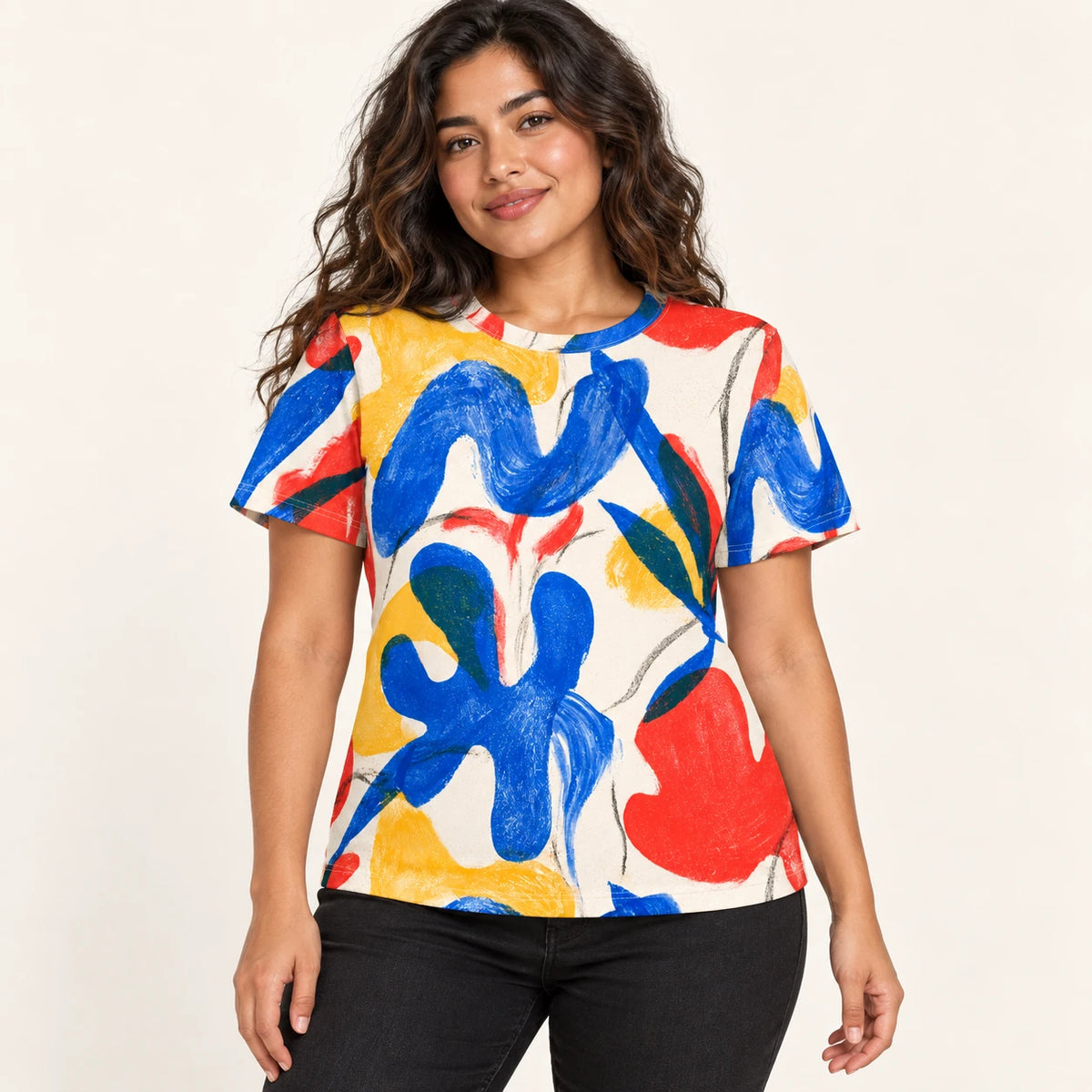 Studio Bloom All-Over Print T-Shirt — female model, hero view