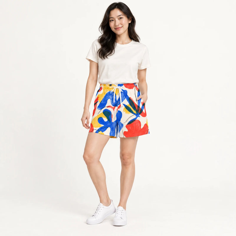 Studio Bloom All-Over Print Shorts — female model, hero view