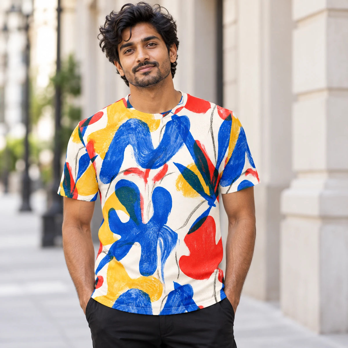 Studio Bloom All-Over Print T-Shirt — male model, street view