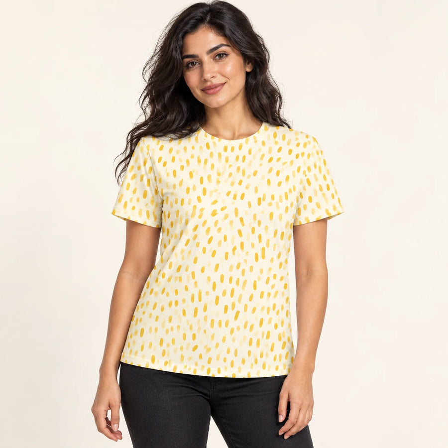 Sunshine Sprinkles All-Over Print T-Shirt — female model, hero view