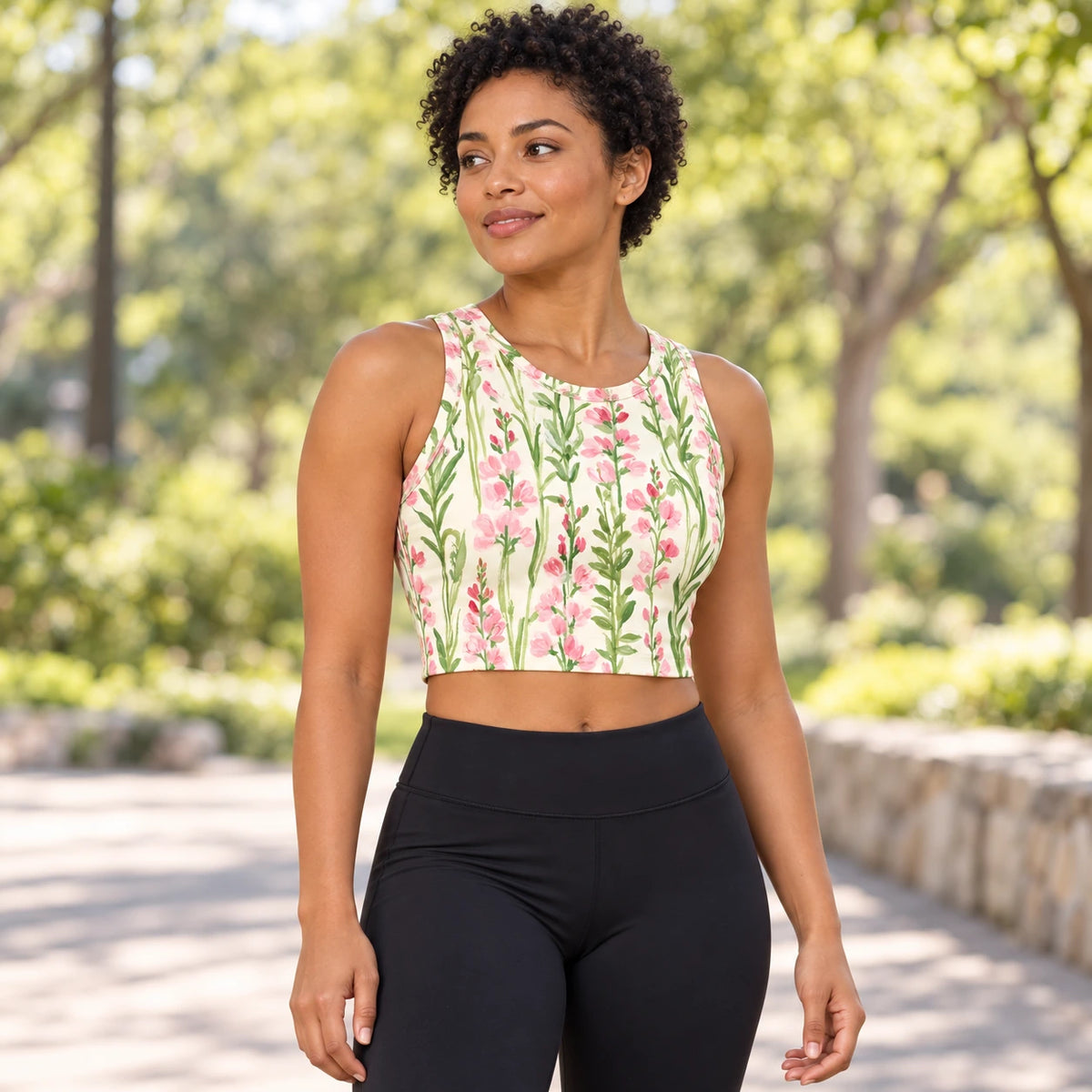 Sweetpea Lines sports crop top — female lifestyle view