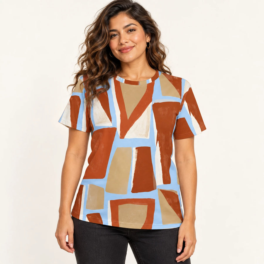 Terracotta Jigsaw All-Over Print T-Shirt — female model, hero view