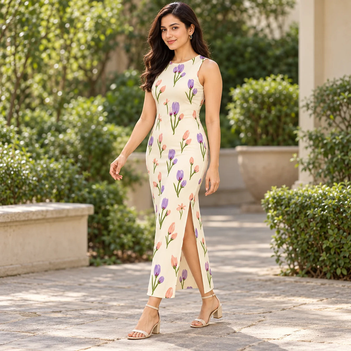 Tulip Daydream bodycon dress — garden view