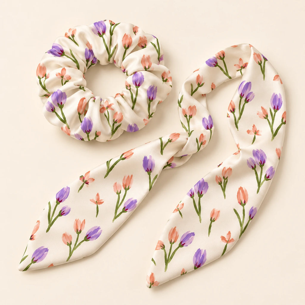 Tulip Daydream bow-tie scrunchie — detail view
