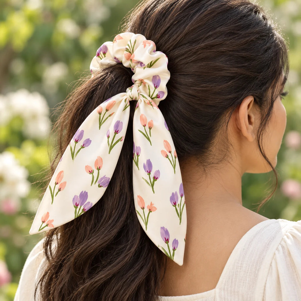 Tulip Daydream bow-tie scrunchie — worn view