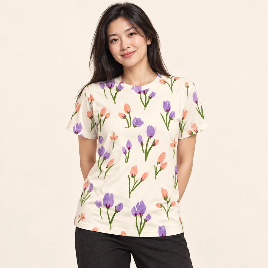 Tulip Daydream All-Over Print T-Shirt — female model, hero view