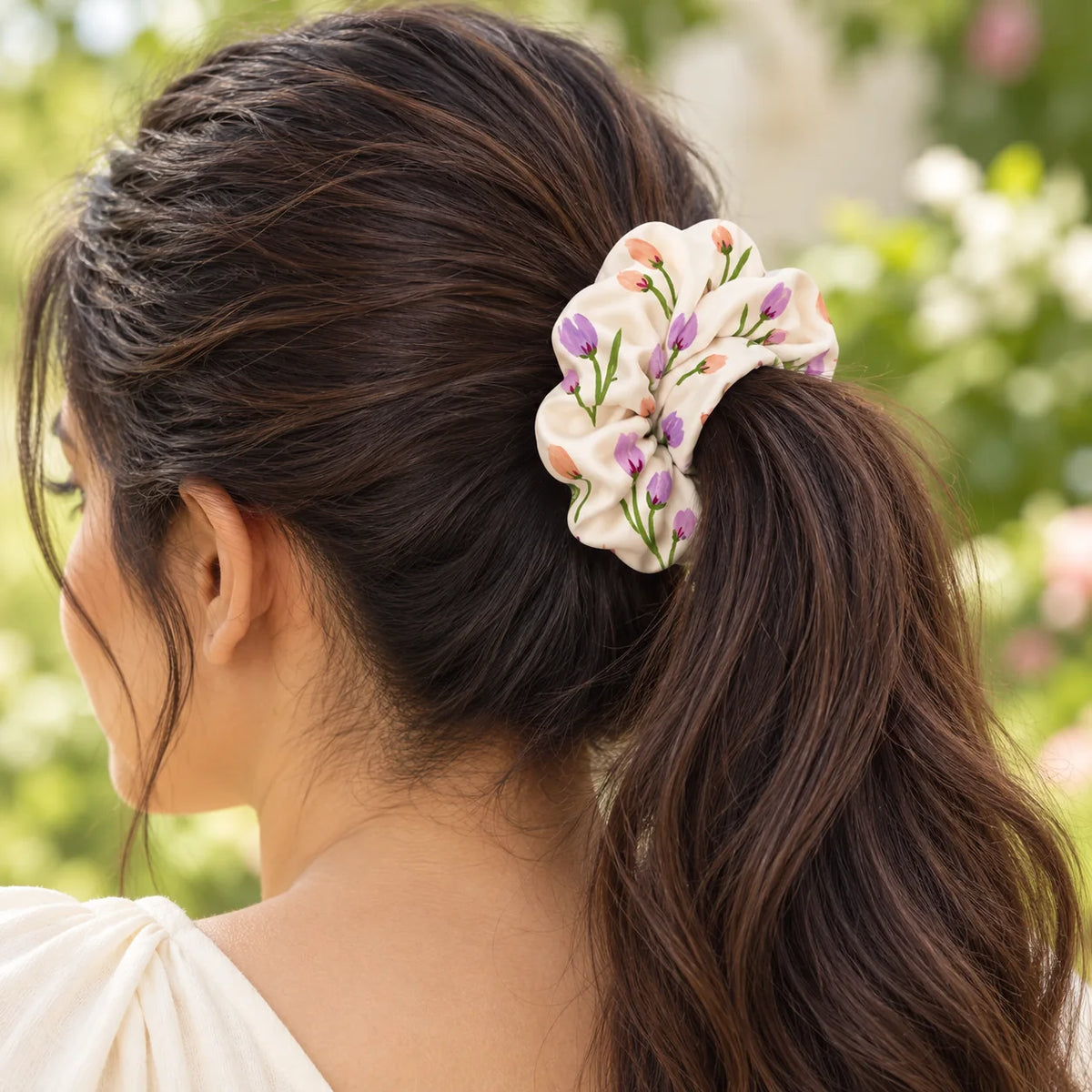 Tulip Daydream scrunchie — worn view