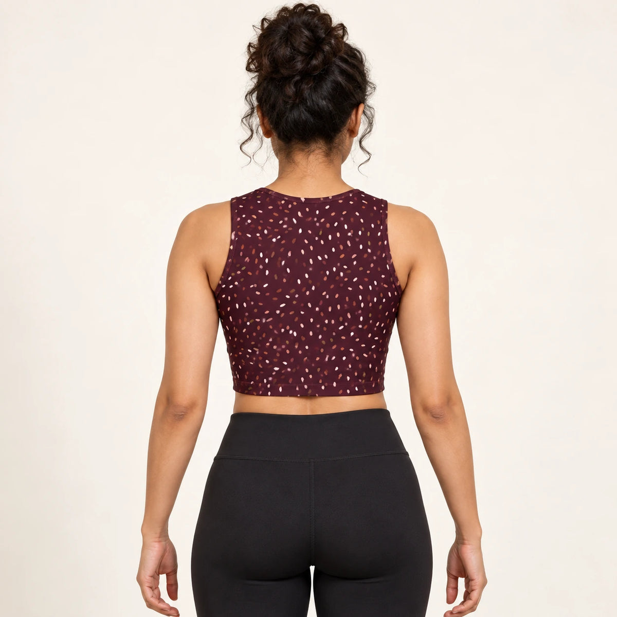 Twilight Flecks sports crop top — female back view