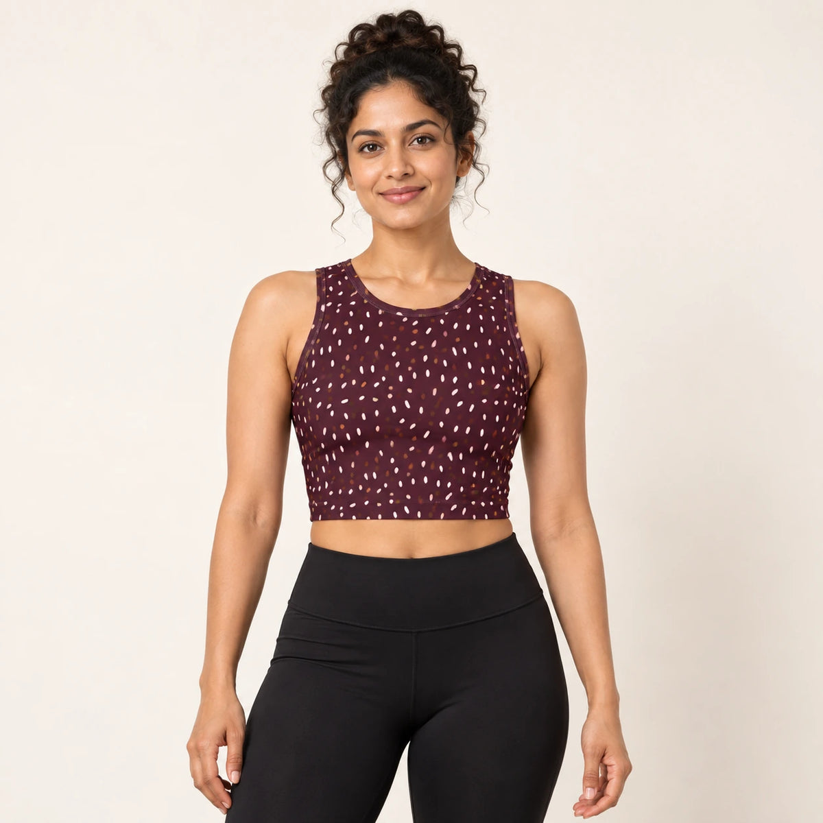 Twilight Flecks sports crop top — female hero view