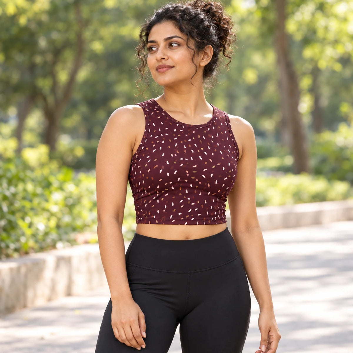 Twilight Flecks sports crop top — female lifestyle view