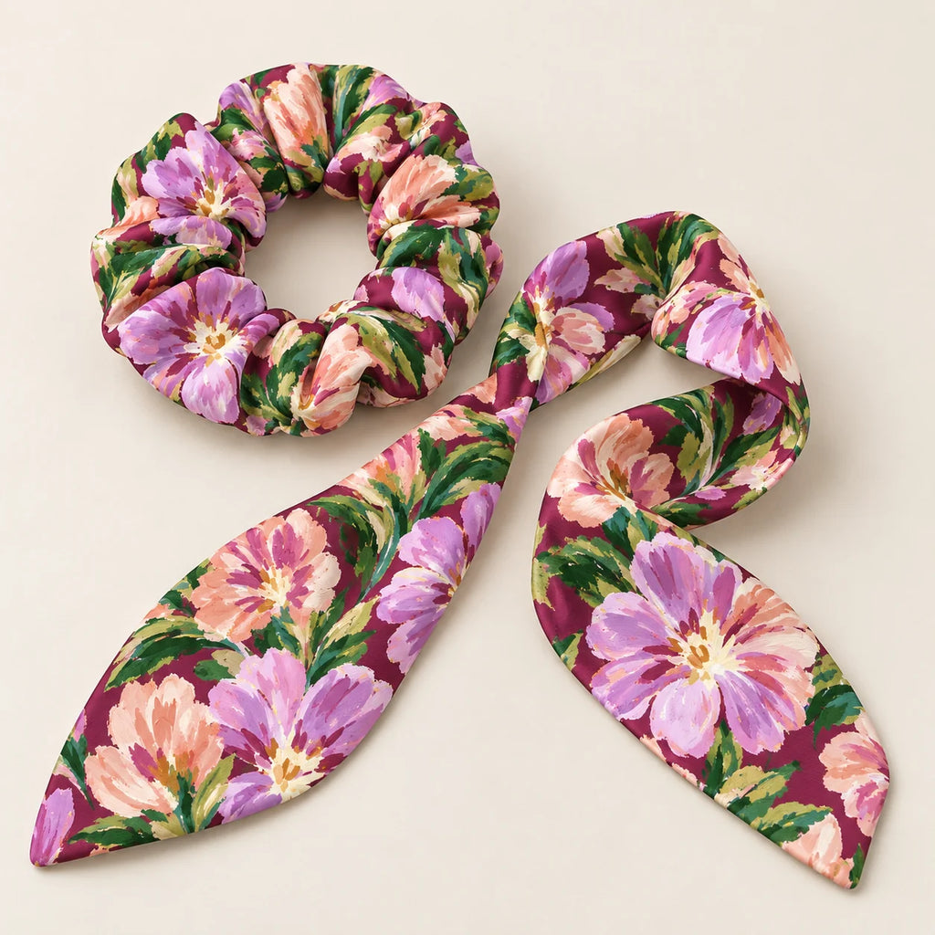 Velvet Botanica bow-tie scrunchie — detail view