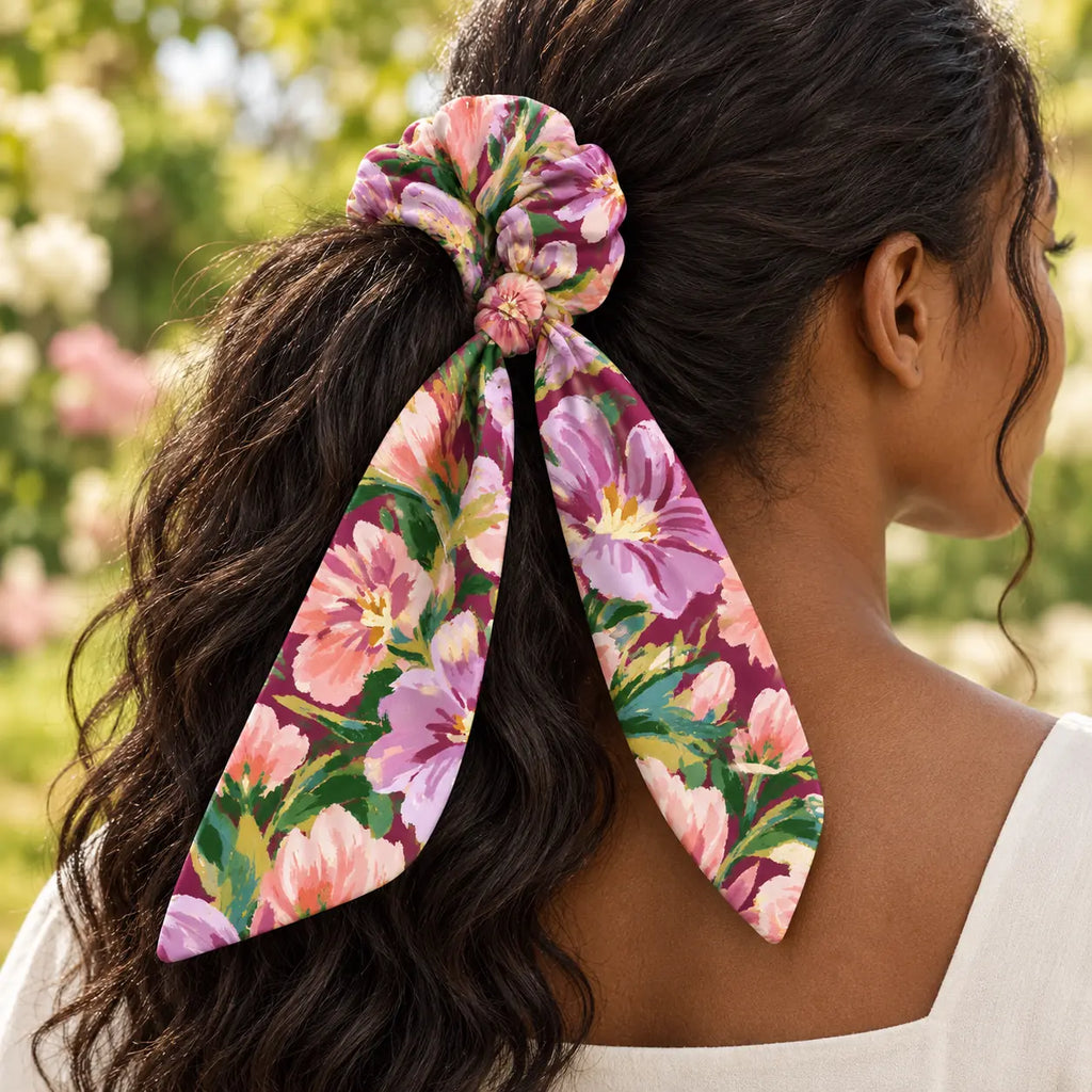 Velvet Botanica bow-tie scrunchie — worn view