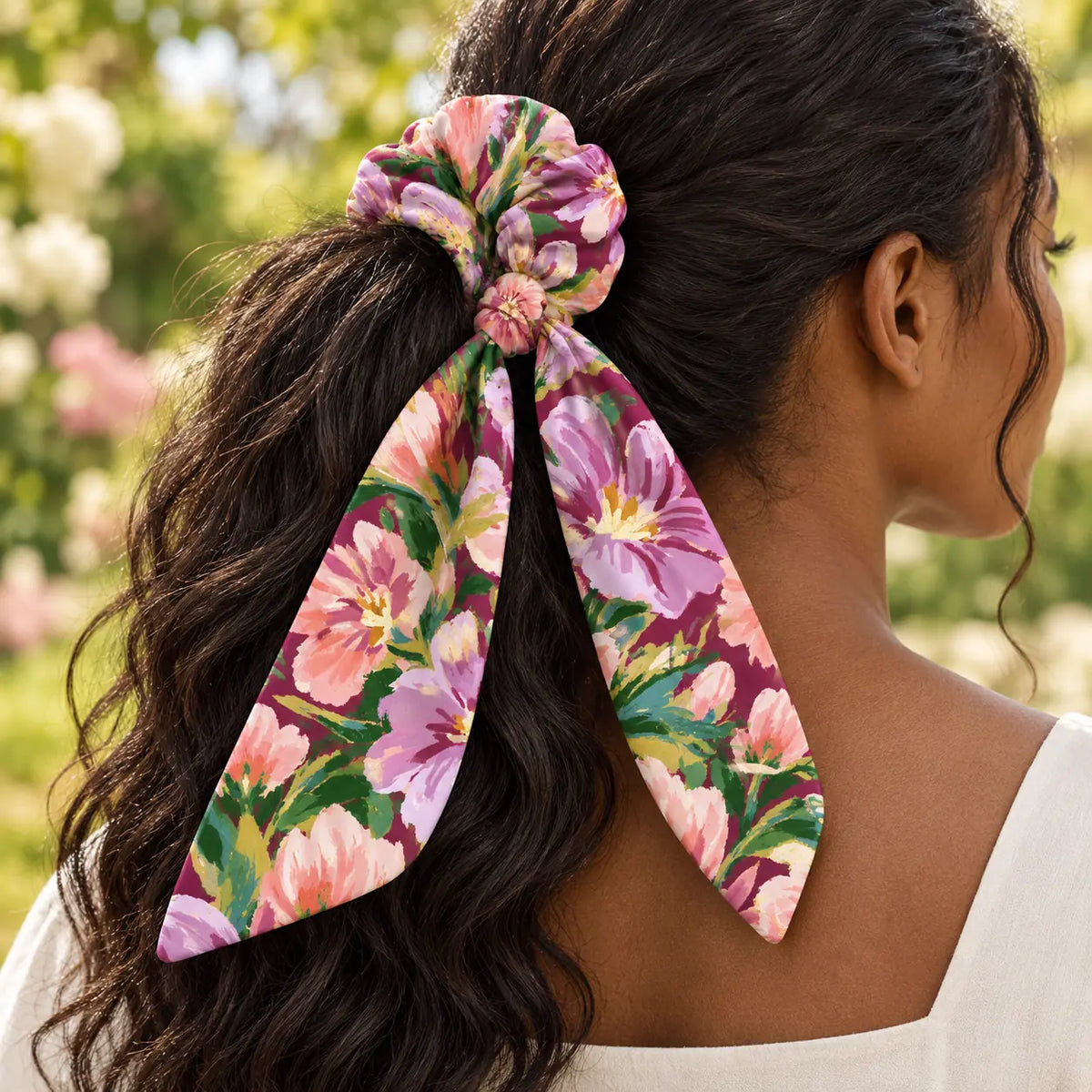Velvet Botanica bow-tie scrunchie — worn view