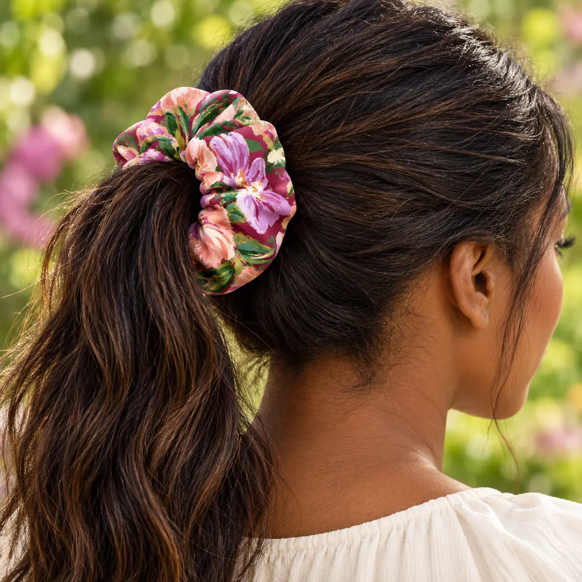 Velvet Botanica scrunchie — worn view