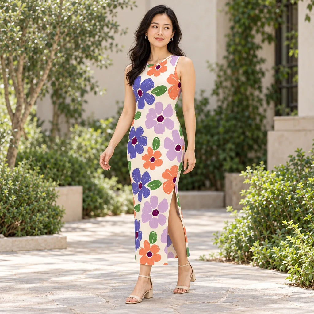 Wildflower Pop bodycon dress — garden view