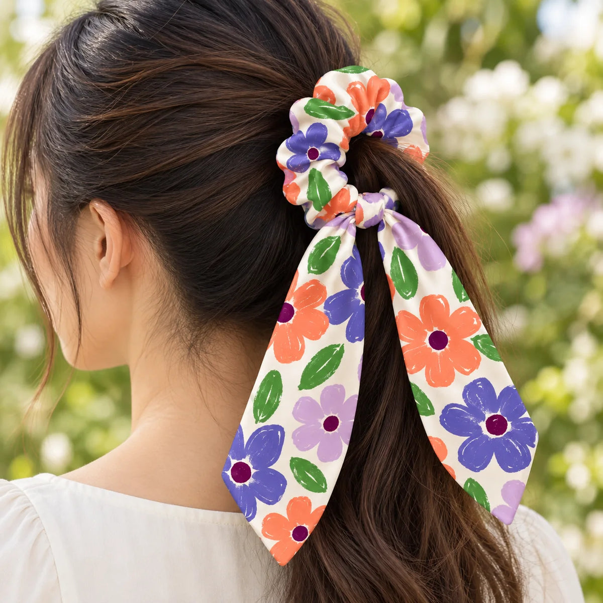 Wildflower Pop bow-tie scrunchie — worn view