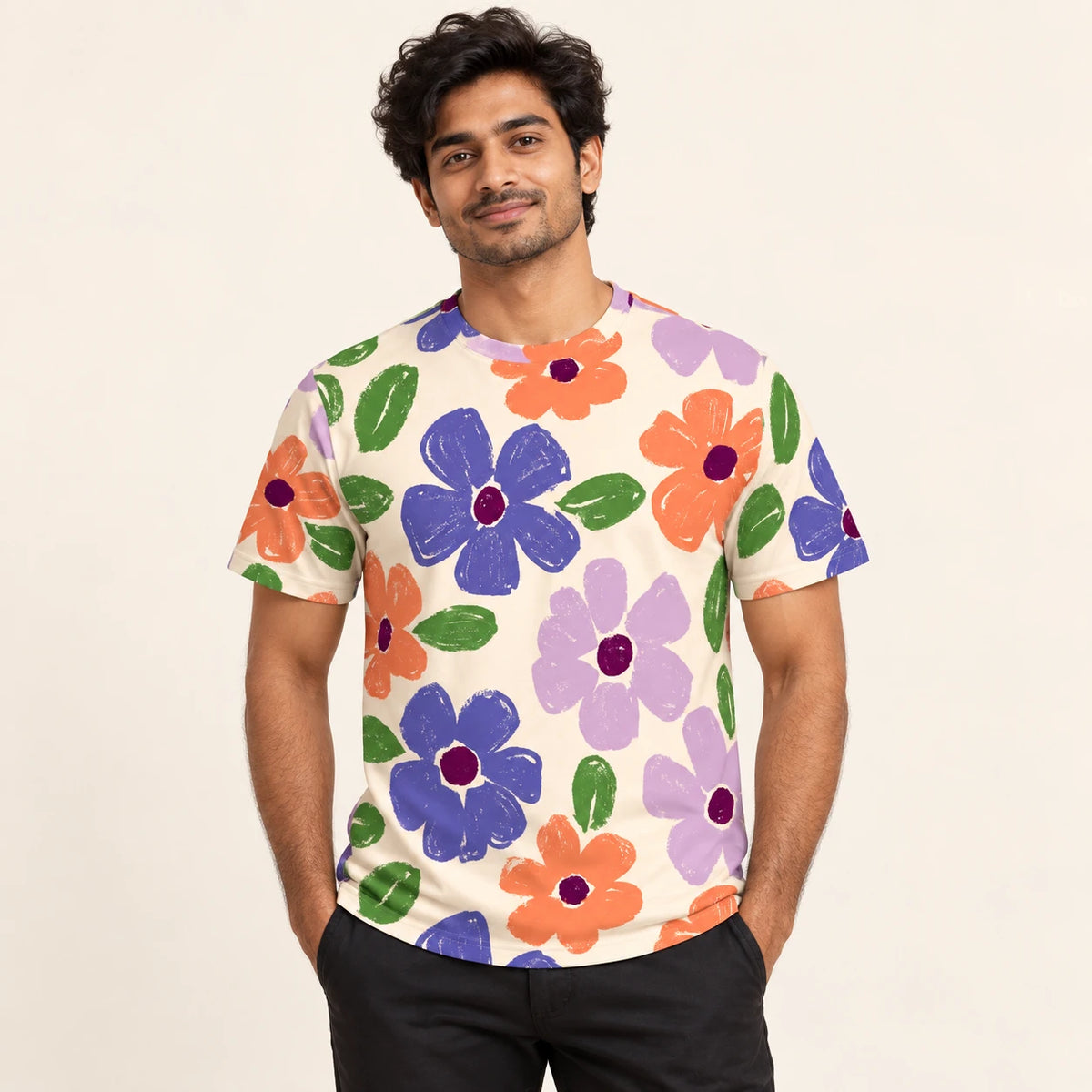 Wildflower Pop All-Over Print T-Shirt — male model, hero view