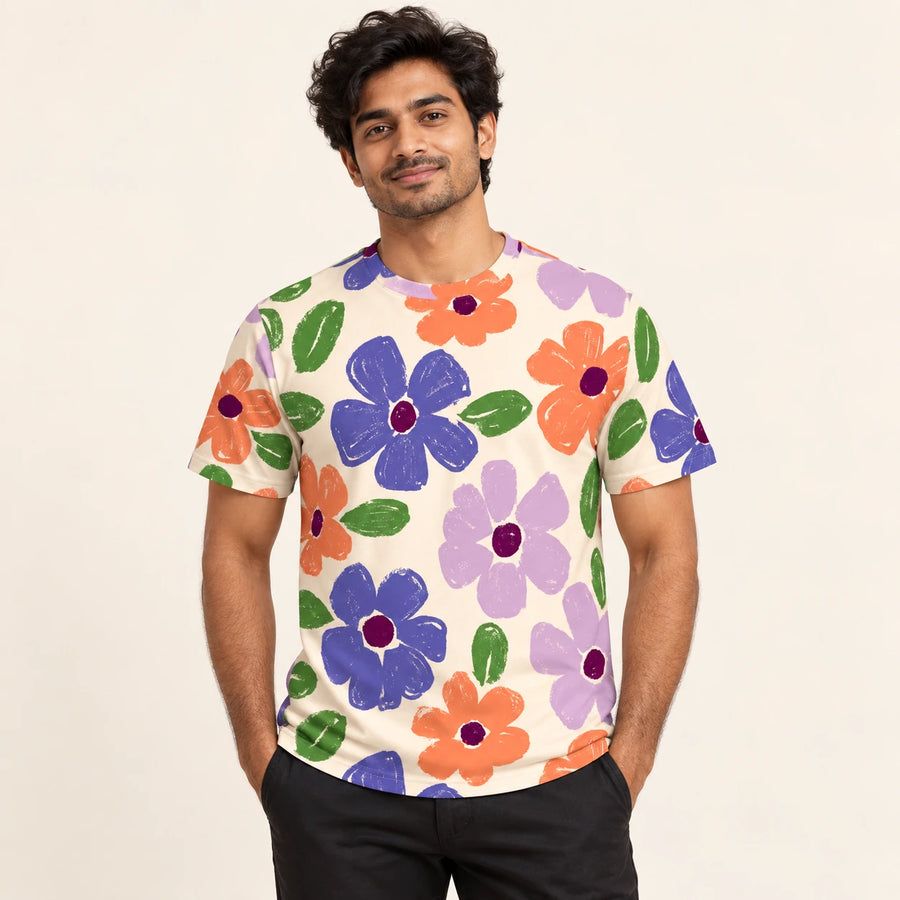 Wildflower Pop All-Over Print T-Shirt — male model, hero view